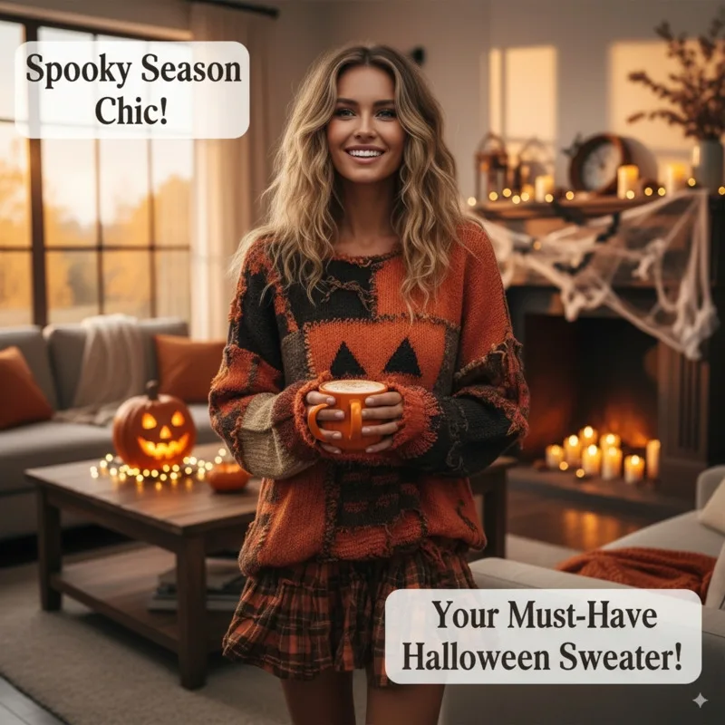 Halloween Pumpkin Sweater Women Autumn Winter Eur American Casual V-neck Top Off Shoulder Women's Hoodie Faux Fur Loose Top New