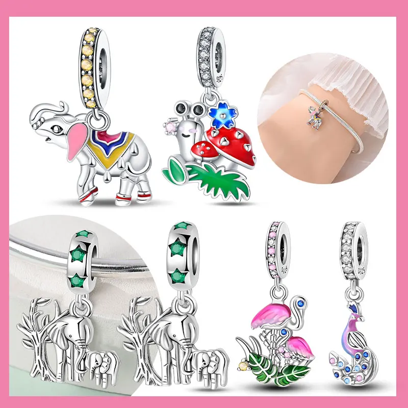 Abalorios de Plata 925 con Forma de Hongo, Caracol, Elefante Bebé y Flamenco, Compatibles con Pulseras Originales de Plata 925, para la Creación de Joyería Femenina