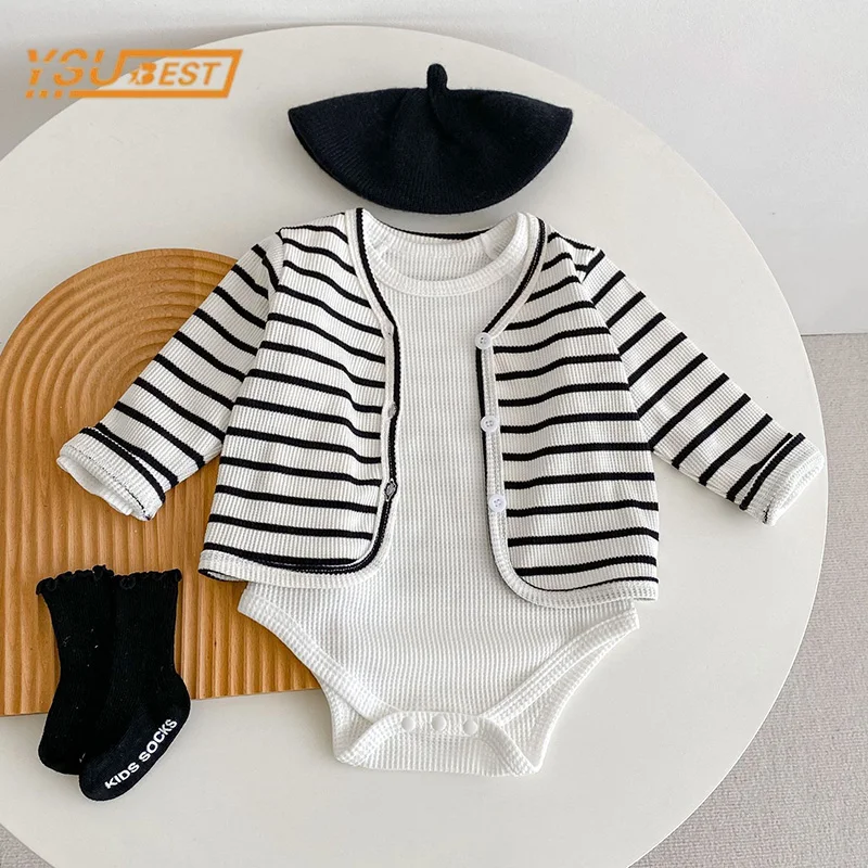 

Infant Kids Baby Girls Long Sleeves Rompers + Striped Coat Spring Autumn Newborn Kids Baby Girls Clothes