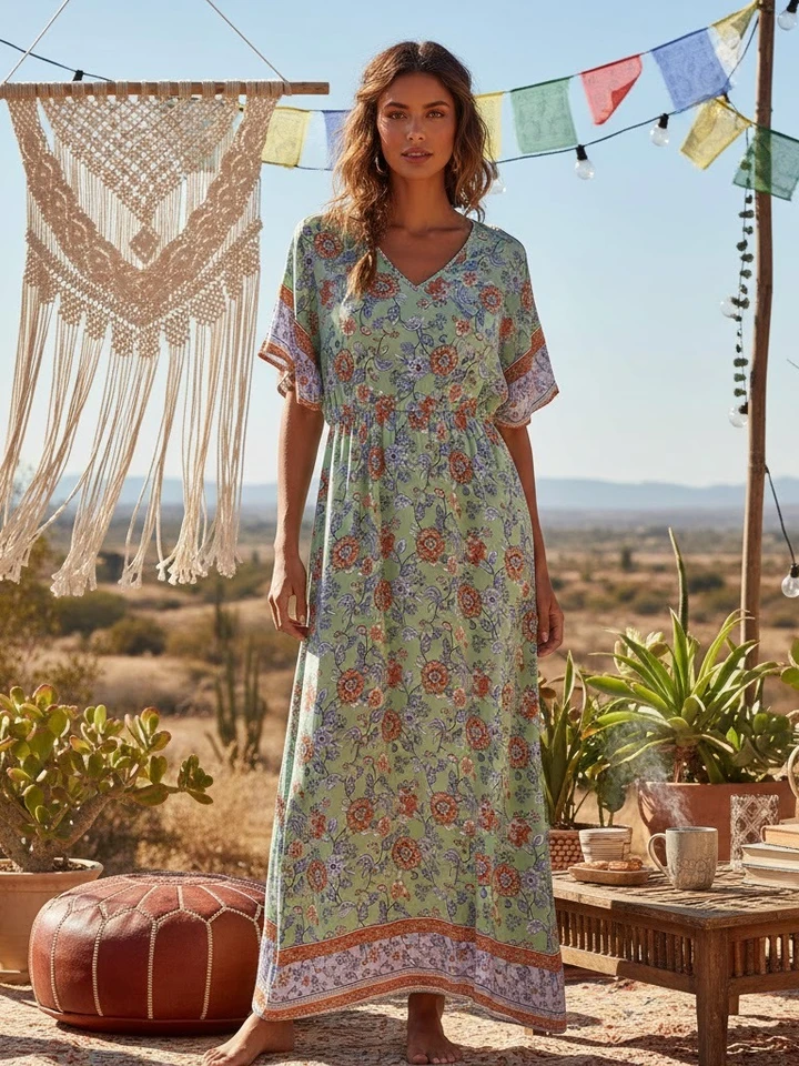 aliexpress boho dress Vintage Chic Women Multi Floral Print Short Sleeve Beach Bohemian Maxi Dress  Ladies V-neck Rayon Cotton Summer Boho Dresses Robe