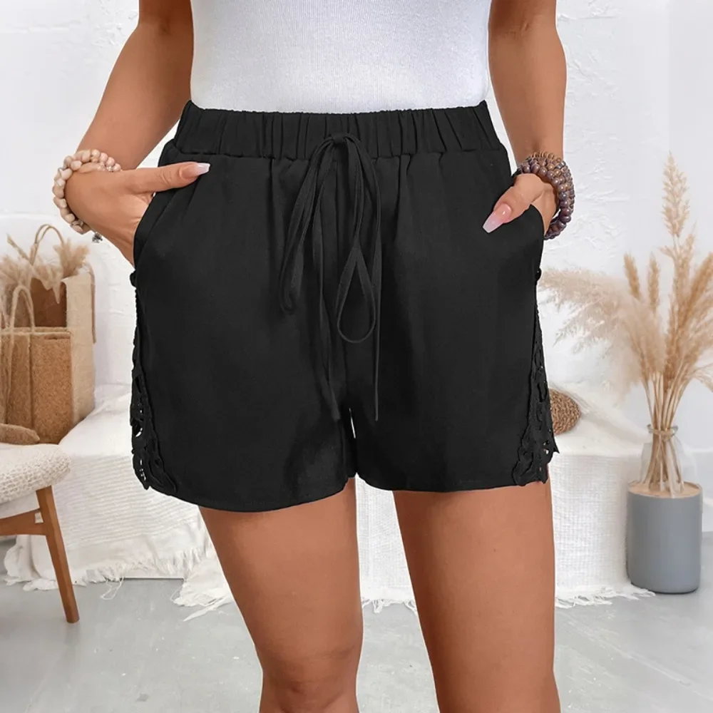 Women Solid Color Lace Patchwork Shorts Comfort Versatile Casual Home Daily Streetwear Minimalist Chic Ladies Loungewear Shorts