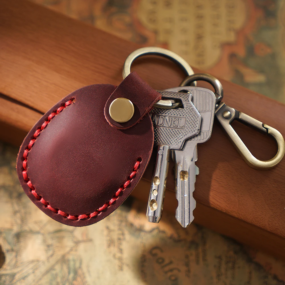 Hand-Stitched Top Grain Leather RFID Access Card Holder Keychain, Round Waterdrop Keyring Case with Genuine Leather Pendant for