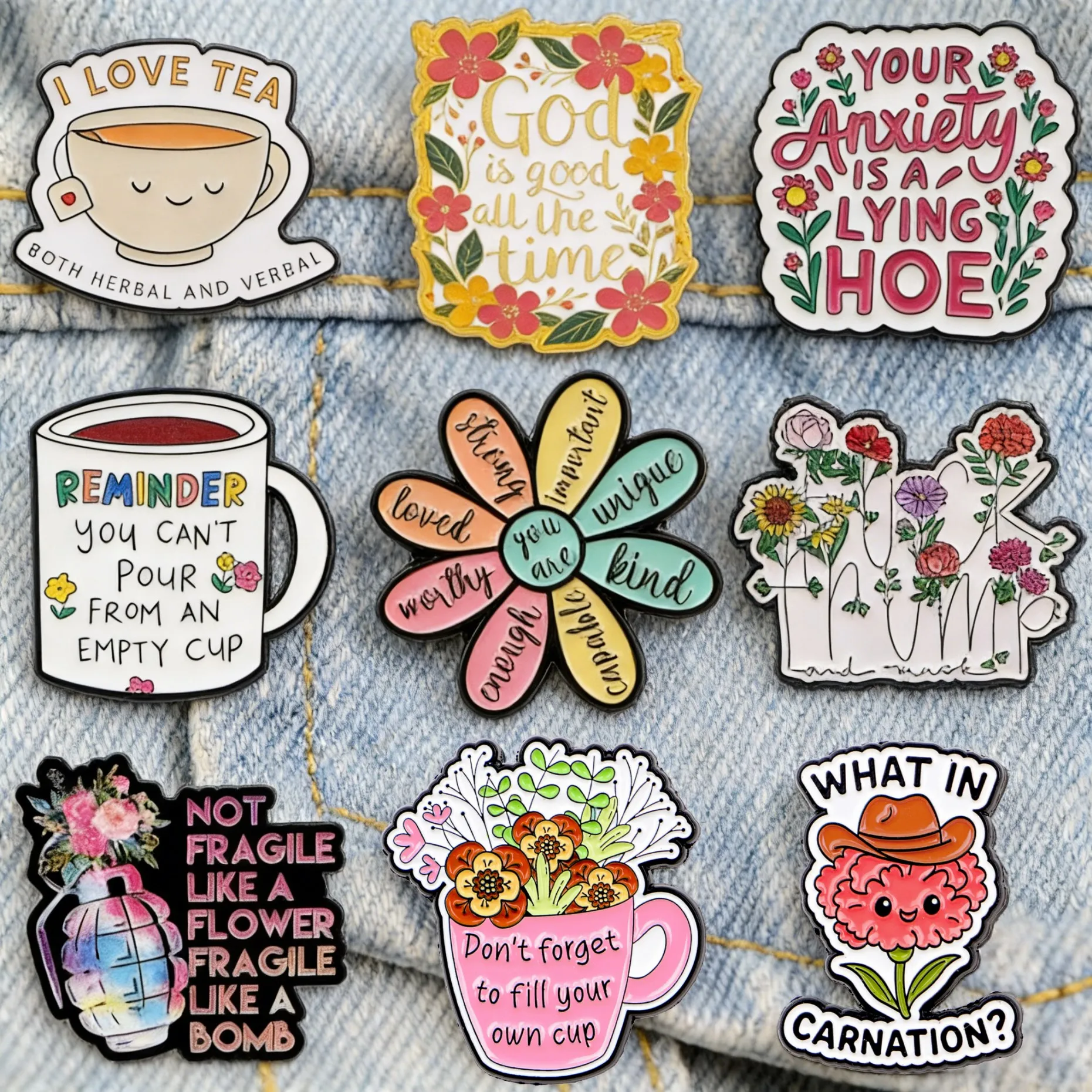 Motivational Enamel Pins Self Love Flower Positive Quote Badges Funny Tea Lapel Pins for Hats Bags Mental Health Gift Jewelry
