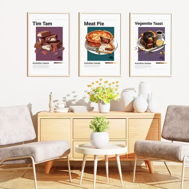 Arte de pared minimalista, lienzo impreso, pintura australiano, italiano, malayo, Singapur, comida, Tam, pastel de carne, vegemite, tostado, decoración de habitación