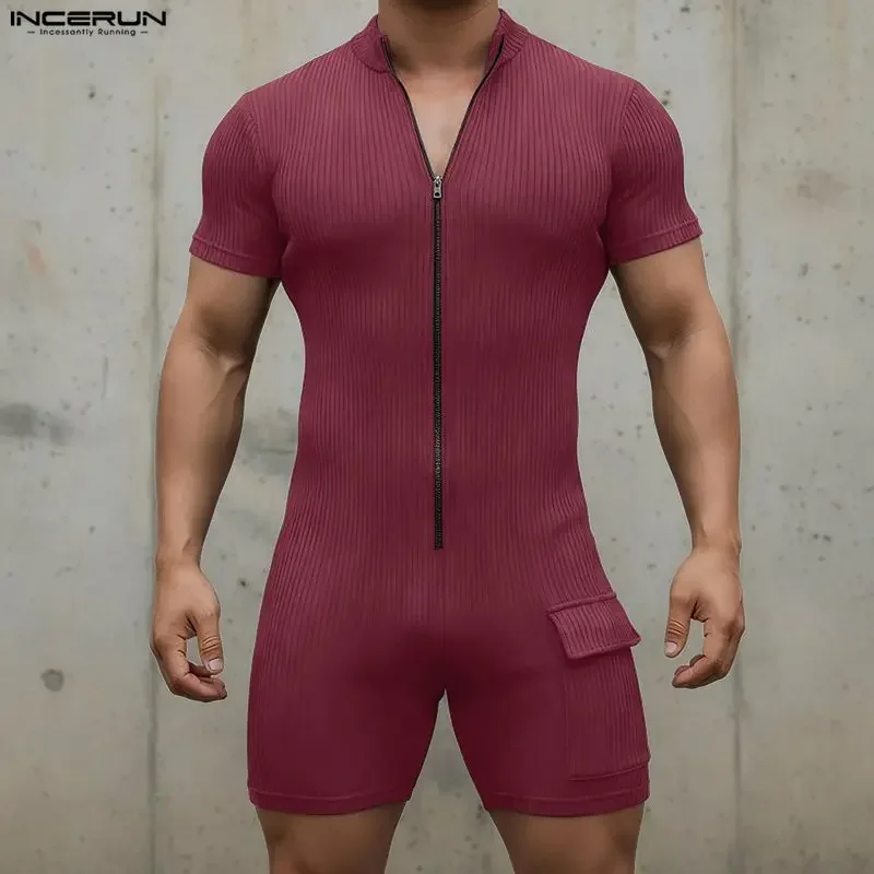 INCERUN Men Bodysuits Solid Color Short Sleeve Knitted Zipper Playsuits Male Rompers 2026 Summer Workout Casual Men Bodysuit image 3