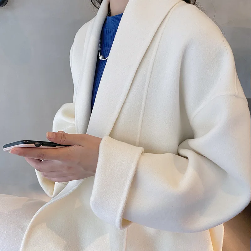 Women Pure White Woolen Coat Double Sided Lace Up Elegant Wool Overcoat For Autumn Winter Outerwear With Belt Regular Length