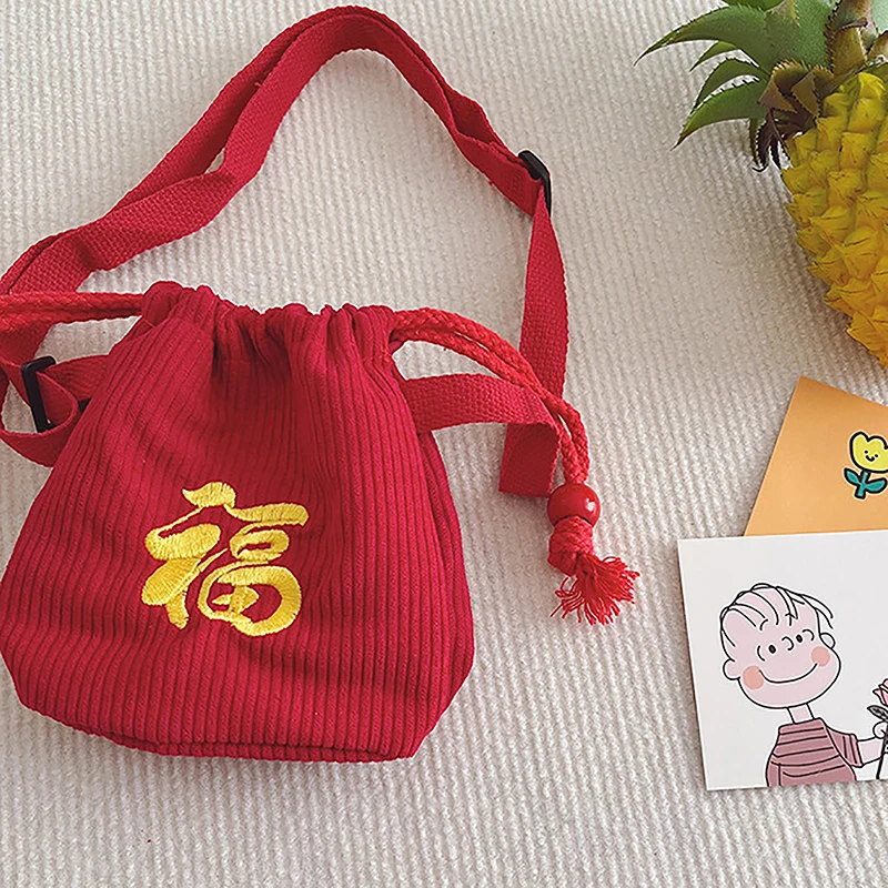 New Year Red Embroidered The Word Fu Crossbody Bag Kids Spring Festival Cartoon Coin Purse Crossbody Bag Wedding Party Lucky Bag