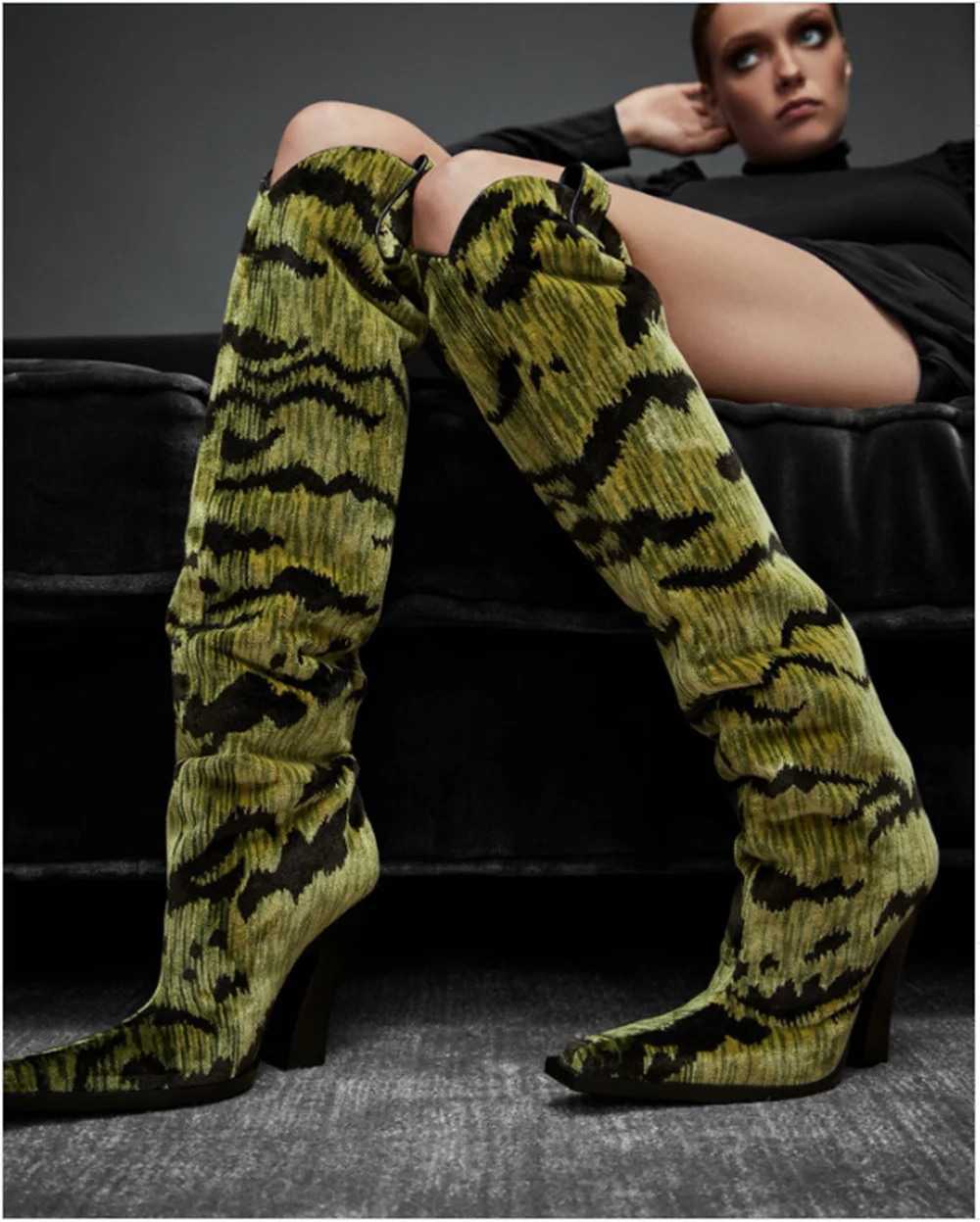 

Fashion Street Style Olive Green Black Tiger-Print Corduroy Over-the-Knee Boots Chunky Block Heel Pointed-Toe Cool Winter Looks