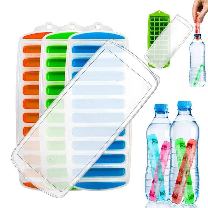 Pop Out Plastic Ice Cube Tray with Lid Reusable Ice Stick Tray Mold for Water and Sport Bottles BPA Free Ice Tube Making Trays