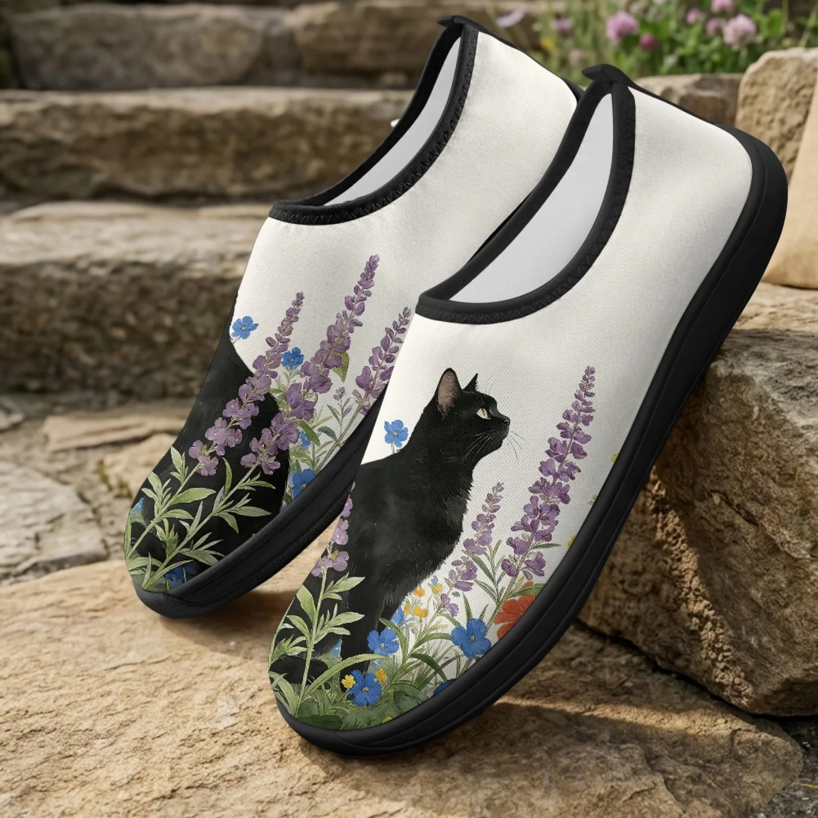 PENSTROLL Black Cat Flower Breathable Walking Flats Athletic Footwear for Men Wide Toe Casual Flats New Design