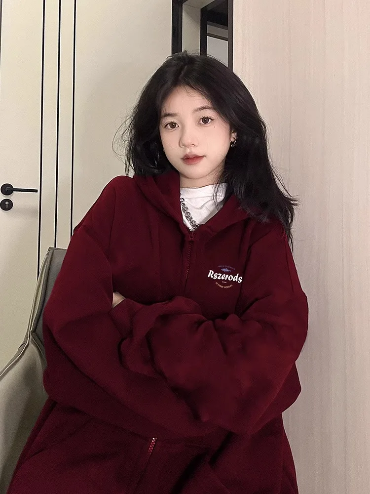 

Korean Style Oversize Fleece Women's Jacket Autumn Winter Heavyweight Loose Top Lazy Style Hoodie Zipper Closure Long Sleeve