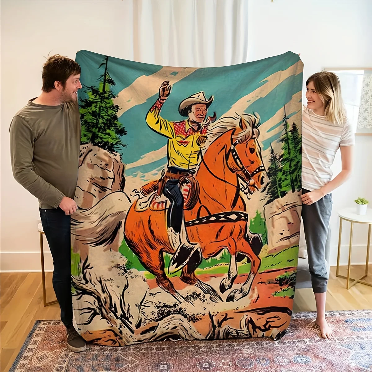 Western Cowboy Riding Horse Throw Blanket - Vintage Western Decor with Cowboy & Horse Design, Soft Flannel All-Season Couch,, Of