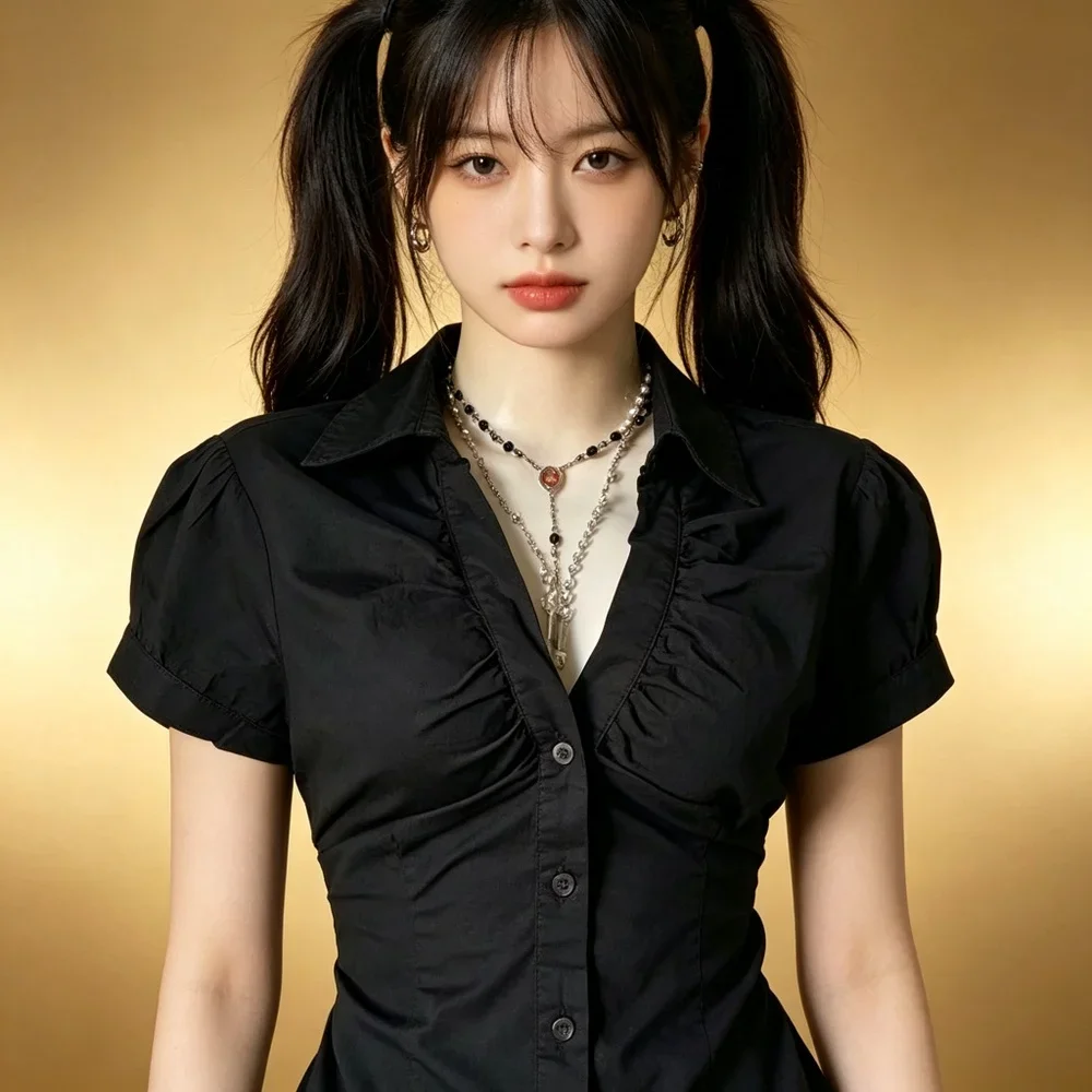 Sweet Blouse Women Cute Girly Pretty Lovely Adorable Darling Puffed Short Sleeve V Neck Button Down Ruched Fitted Black Icon