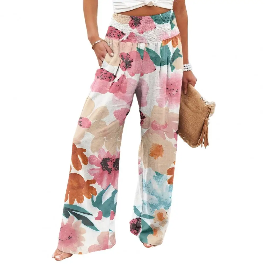 

Women Versatile Printed Trousers Women Printed Loose Trousers Flower Leaf Printed Women's Casual Pants Elastic High Waist for A