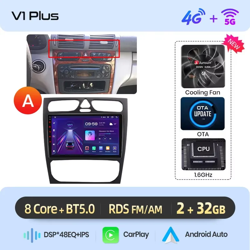 Junsun draadloze CarPlay Android Auto autoradio voor Mercedes-Benz C-Klasse (W203) / CLK-Klasse (C209/A209) 2000-2009 met ingebouwde koelventilator, Android GPS navigatie, multimediaspeler, WiFi, DSP,