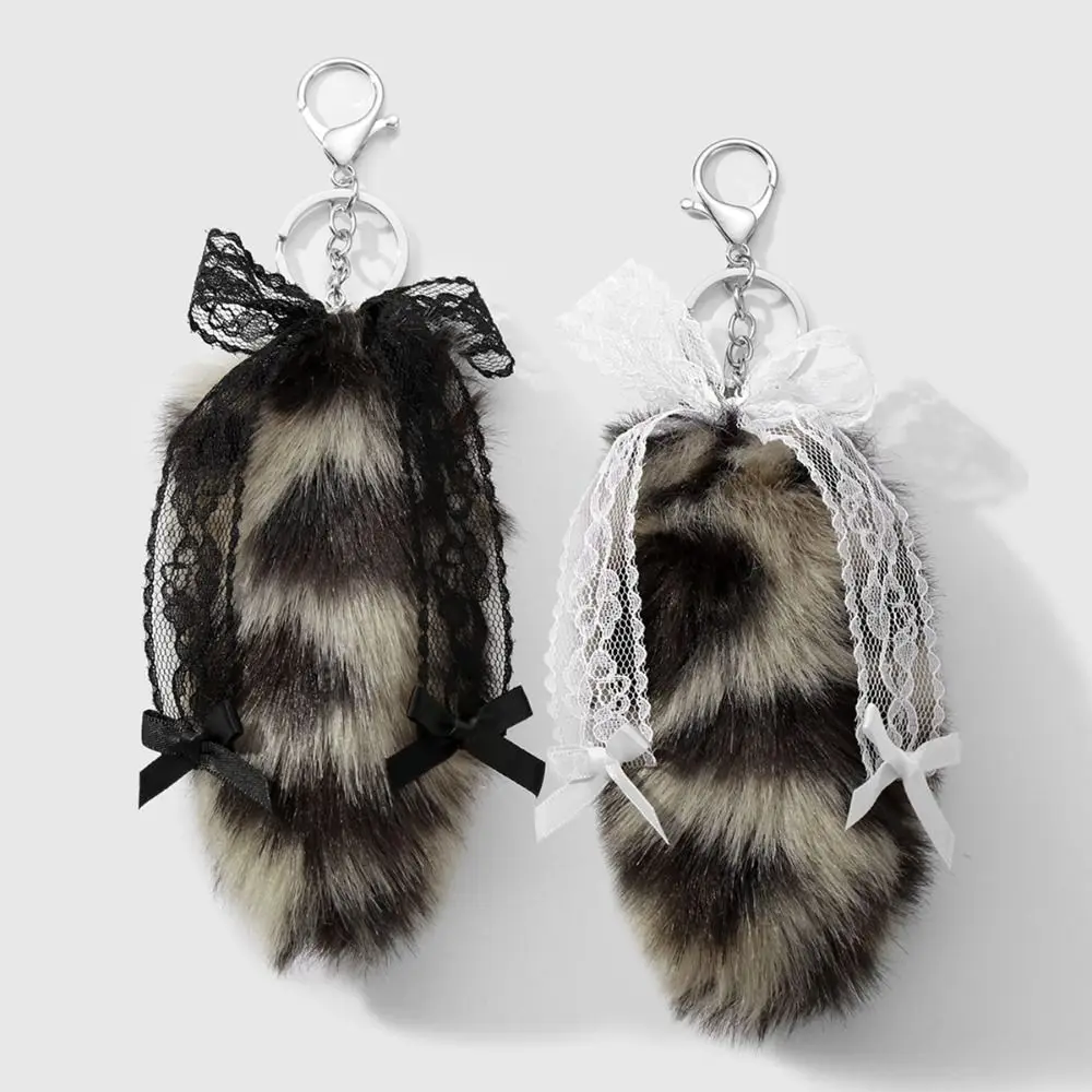 New Y2K Style Fluffy Tail Keychain Lace Bow Leopard Print Bag Pendant Soft Gift Keychain Pendant Backpack Decoration