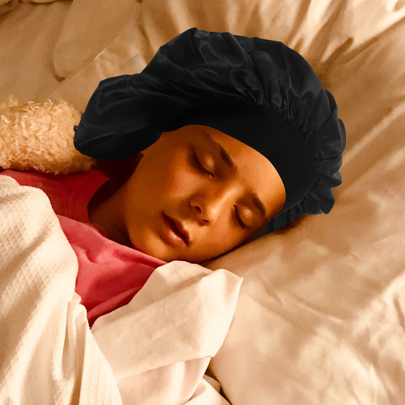 

2pcs Pure Color Elastic Shower Cap Satin Hair Bonnet For Sleeping Wide Rim Women Household Head Wrap Chemo Hat Beanie