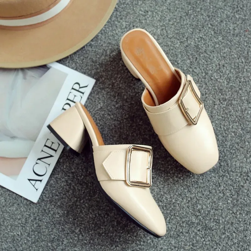 

2024 New Round Head Thick Heeled Loafers High Heeled Metal Square Buckle Shallow Mouth Slippers Can Be Worn Outside Size 32-52