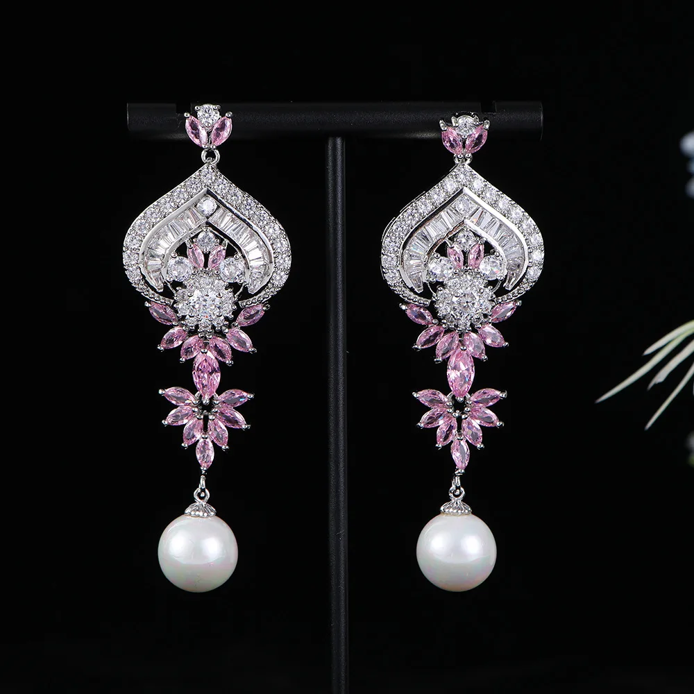 

HIBRIDE Romantic Light Luxury Jewelry Pink Love Long Shiny Pearl Earrings Women's Dress for Wedding Prom Holiday Gift E309