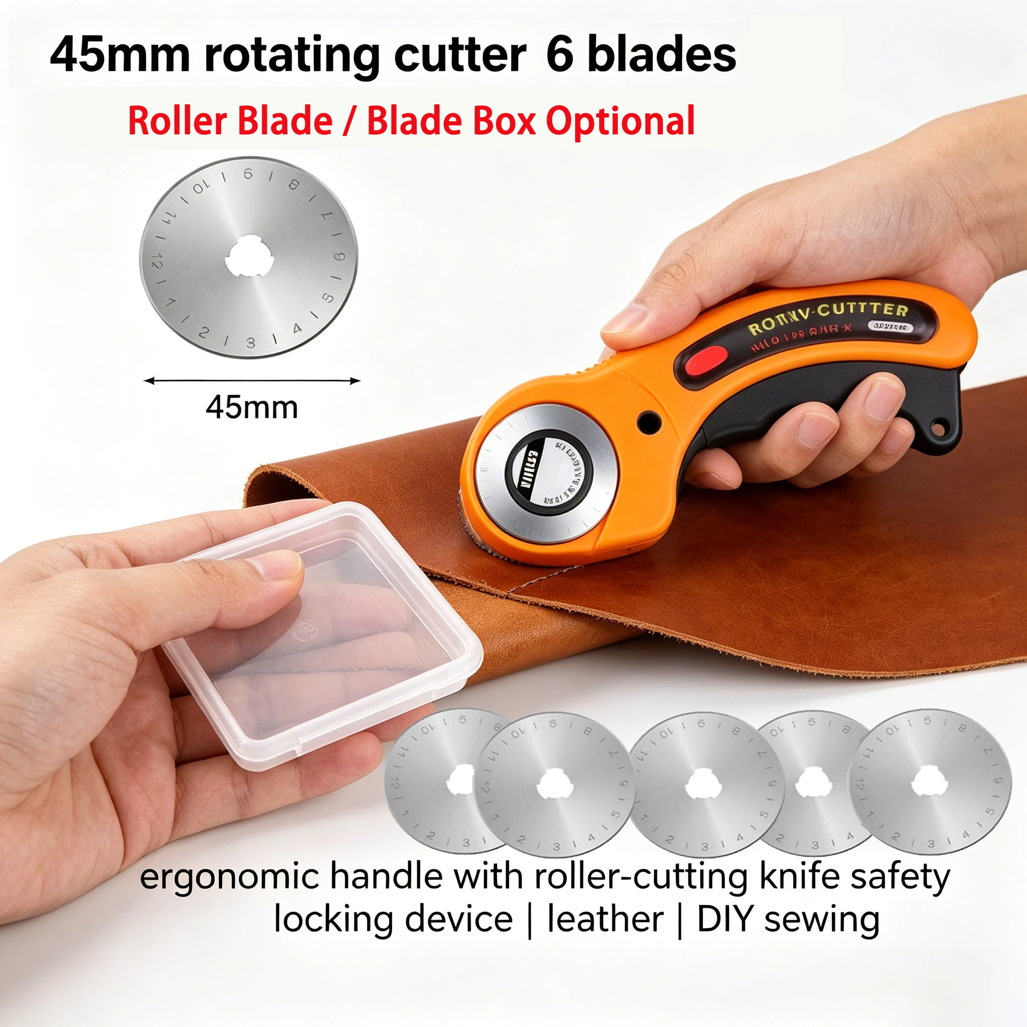 Rotary Cutter, Fabric Cutter with Safety Lock, Included Extra 6-Pack 45mm Blades, Rotary Cutter Tool for Quilting Sewing