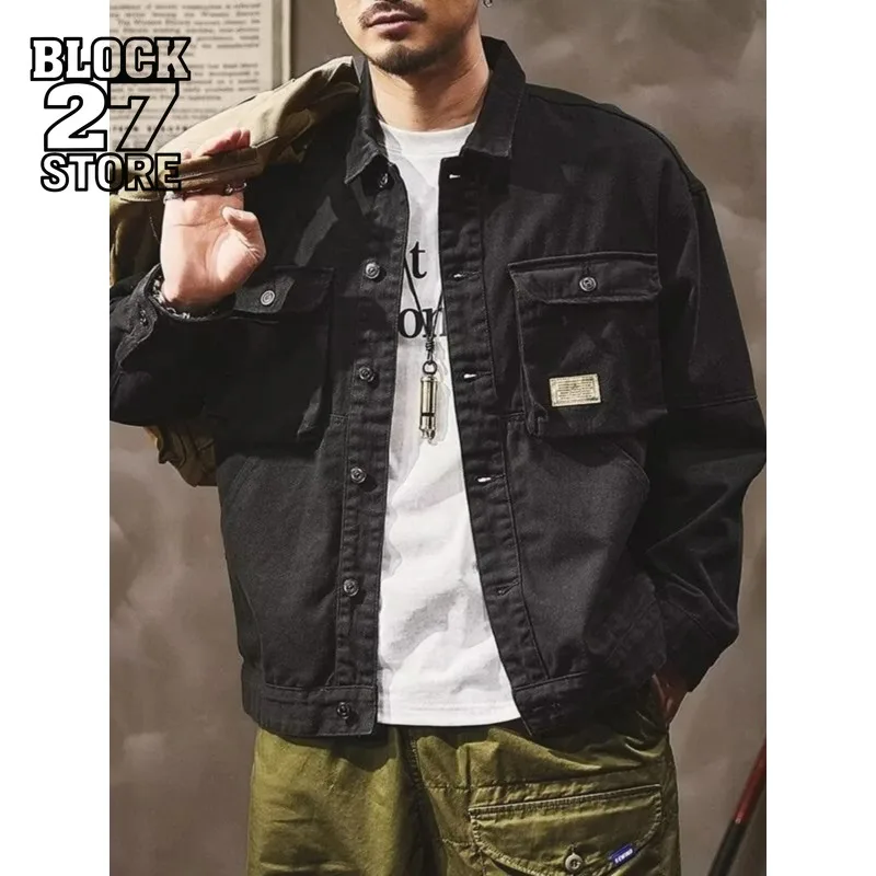 

Mens Denim Jacket Harajuku Retro American Heavyweight Spring Autumn New Loose Versatile Hard Man Hunting Workwear Boys Fashion