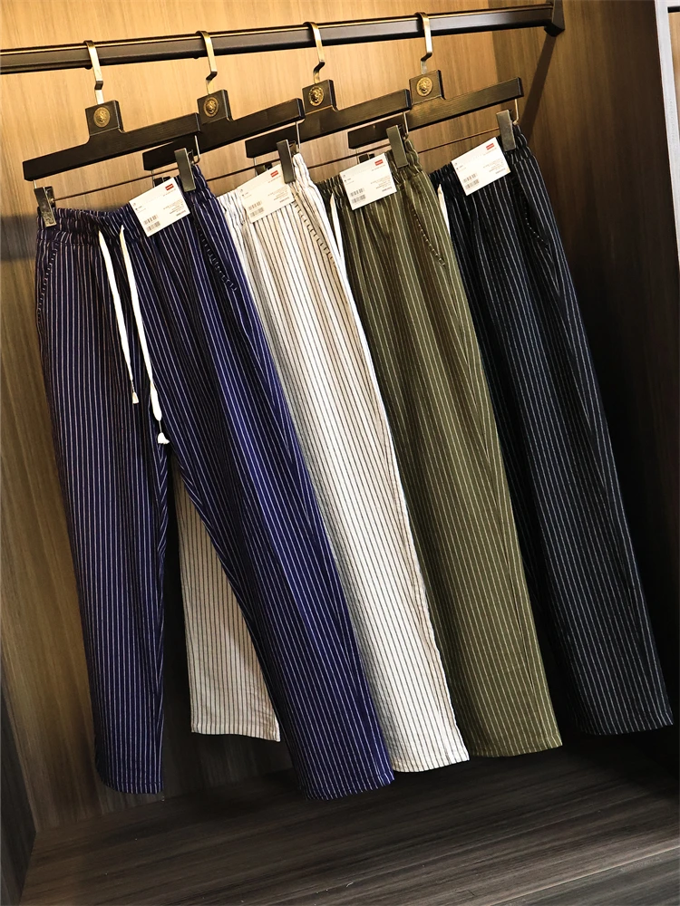 Men's Straight Leg Bubble Cloth Texture Breathable Spring Summer Fashion Casual Pants Sea Soul Stripe Pattern Urban Style