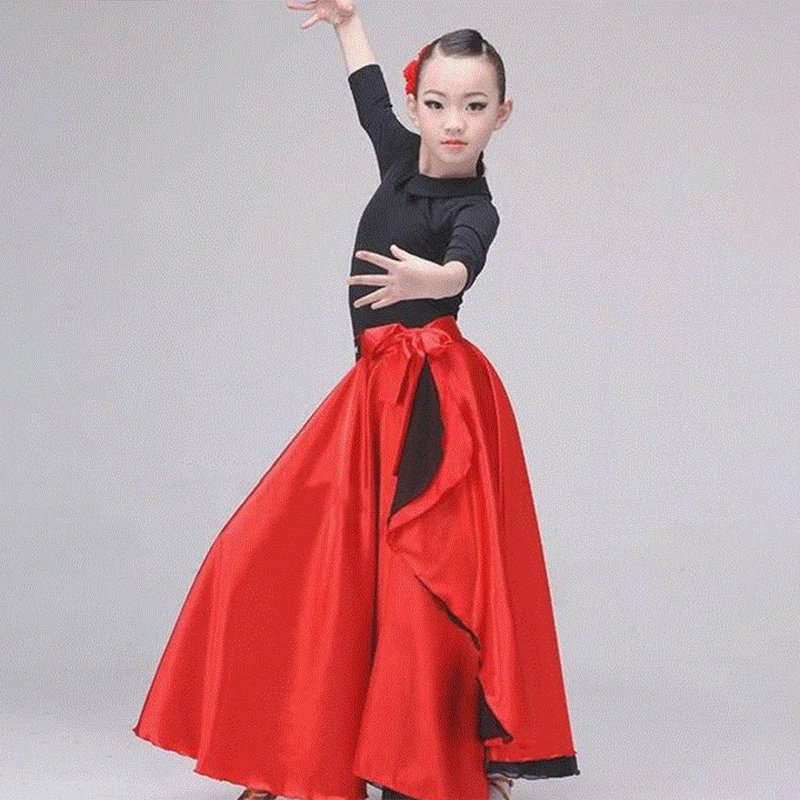 Red Smooth Spanish Flamenco Shawl Skirt Women 180/360 Degrees Big Swing Long Skirts Dancer Ballroom Performance Practice Wear