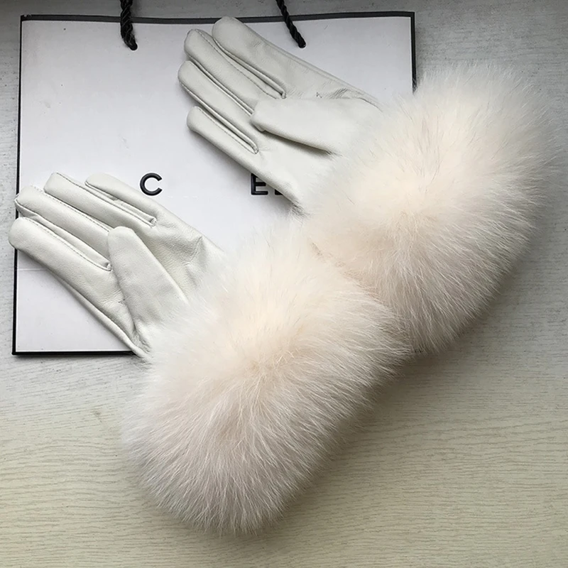 Beige White Natural Fluffy Fox Fur Women Sheepskin Gloves Winter Plus Velvet Warm Ladies Outdoor Windproof Real Leather Gloves