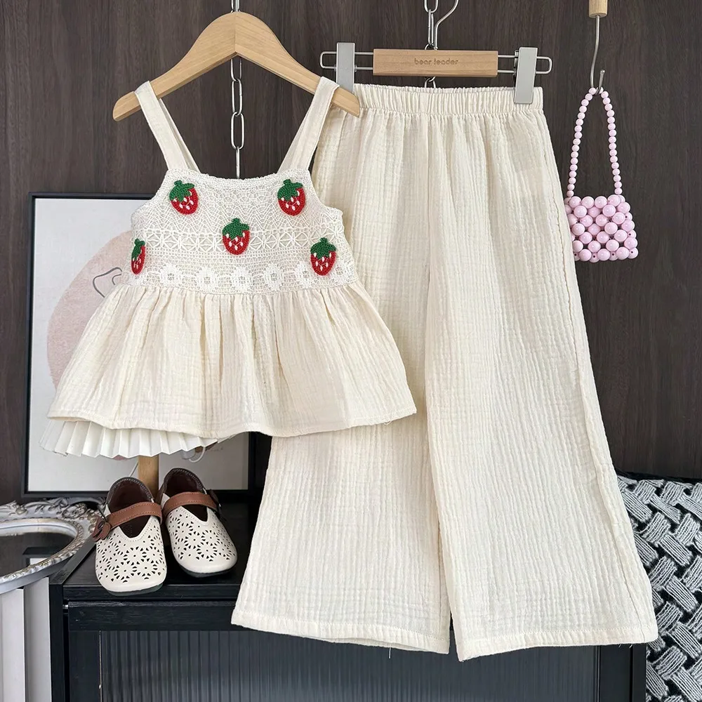 Summer Beige Camisole Girls' Clothing Strawberry Decoration Irregular Lace Splicing Sleeveless Top and Pants Kids Clothes Girls