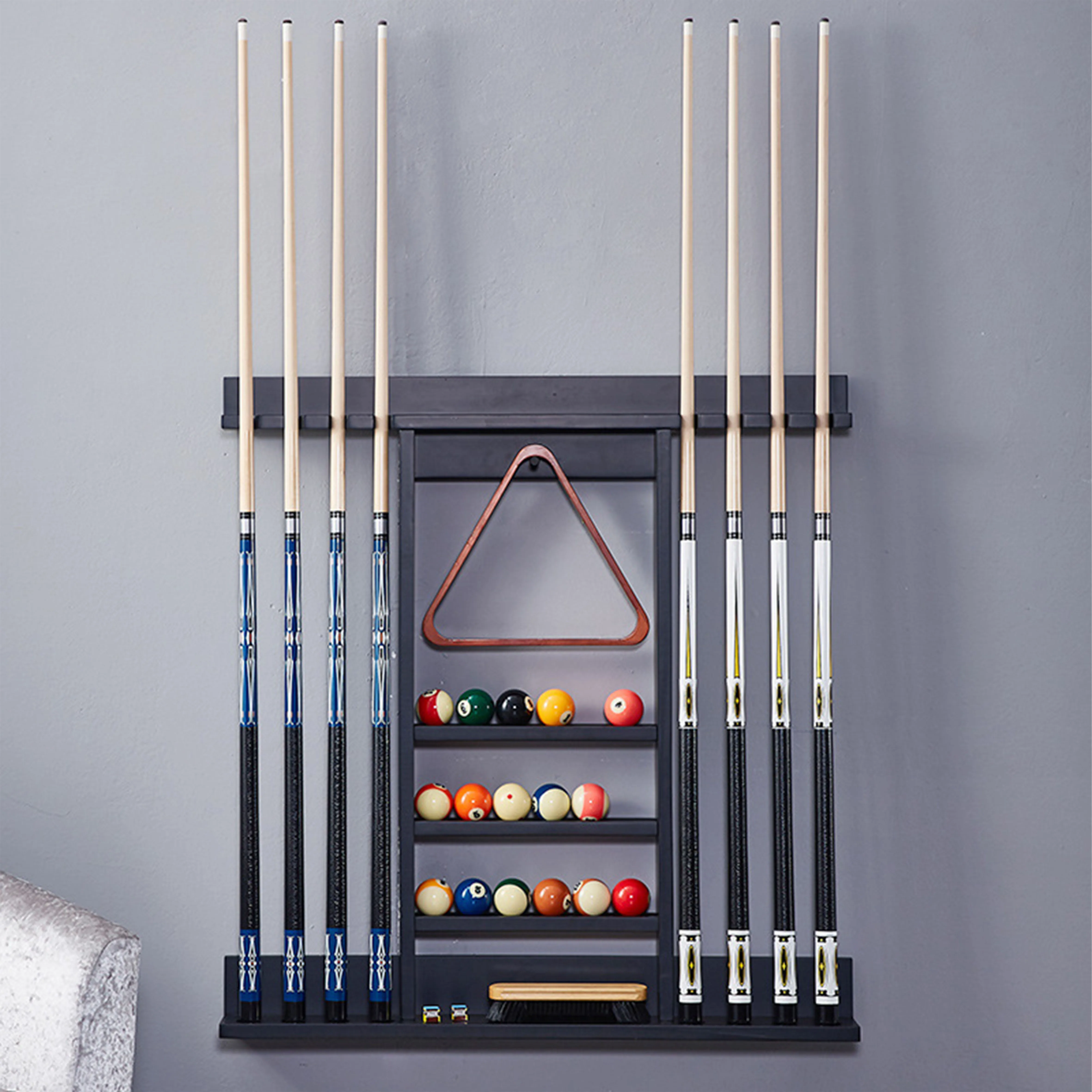 

8-Cue Wall-Mounted Pool Snooker Cue Rack Black Billiard Room Cue Holder with Customizable Logo and Wood Rod Box Rest Type Boxed