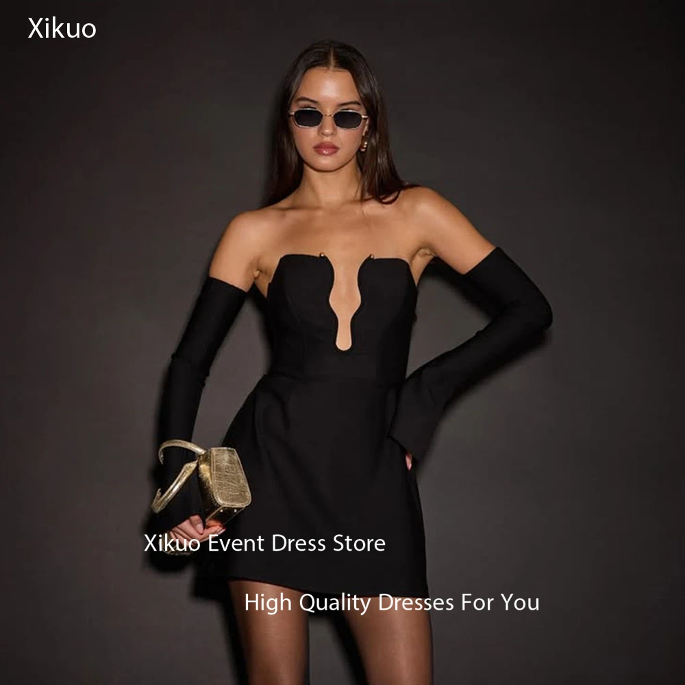 

Xikuo Graceful Lace Up Back Prom Gowns Above Knee High Quality Robes Cut Out De Soirée Black Satin Homecoming Dresses Customized