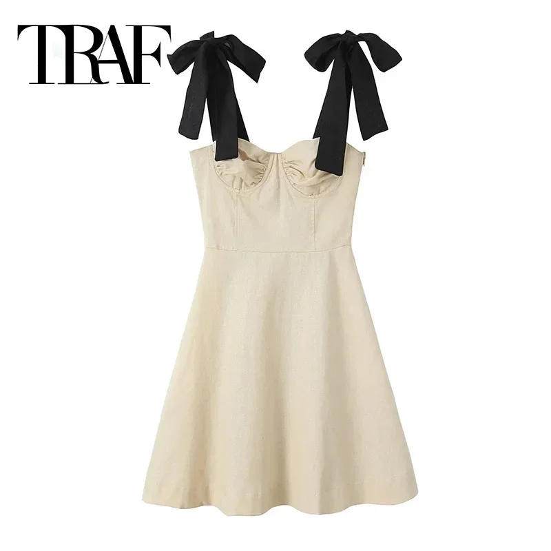 TRAF Backless Summer Short Dresses For Women Mini Bow Slip Dress lady Sleeveless Corset Dress With Straps Holiday Beach Dresses