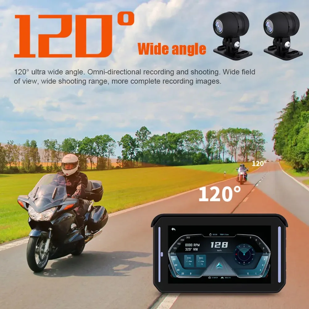 

Motorcycle GPS Navigation Wireless CarPlay Android Auto Touchscreen 5" Touchscreen Front Rear Lens 1080P Driving Recorder