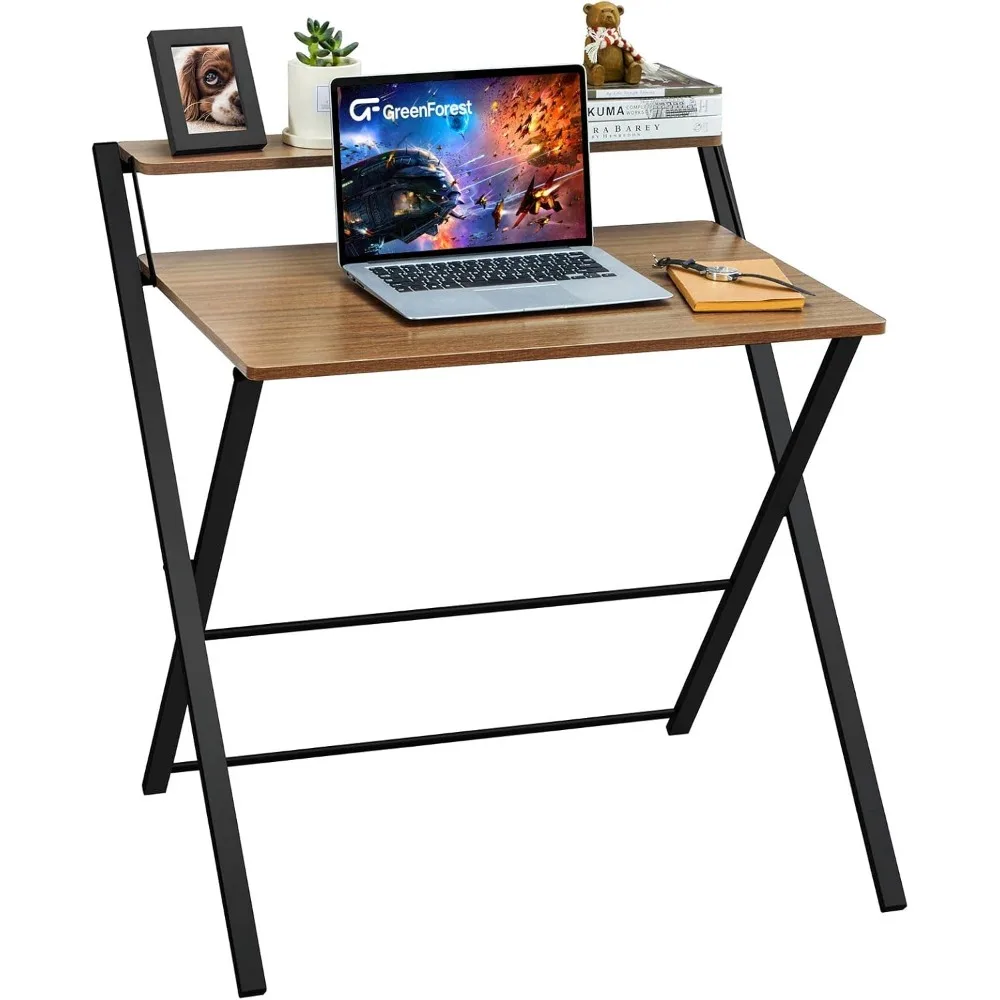 No Assembly Required Small Size, 2-Tier Foldable Computer Desk with Shelf for Home Office, Space Saving  Foldable Table