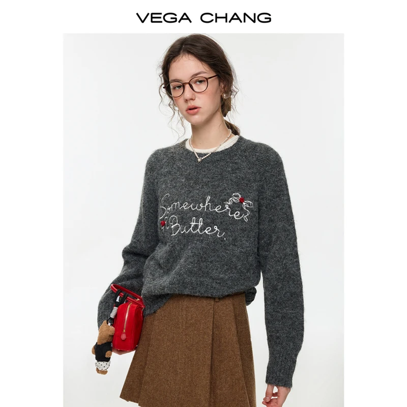

Vega Chang New Winter Women's Knitwear Wool Blend Embroidered Loose Top