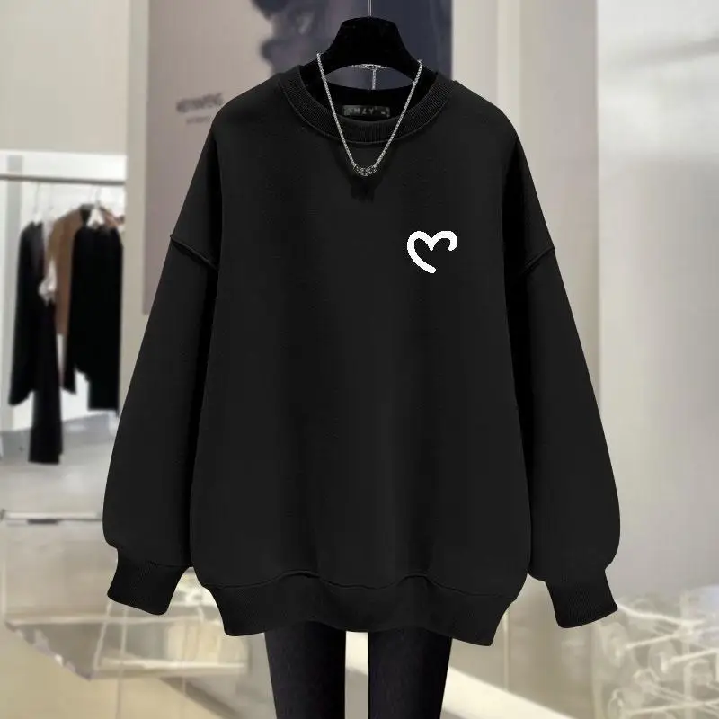 Women\'s Solid Color Pullover Round Neck Printing Love Long Sleeve Hoodies Autumn and Winter 2023 New Loose Fashion Casual Tops