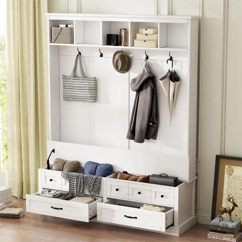 

Elegant Wide Hall Tree with 5 Hooks, Versatile Entryway Lift Top Storage Bench with 2 Drawers, Retro Wooden 3-in-1 Coat Rack