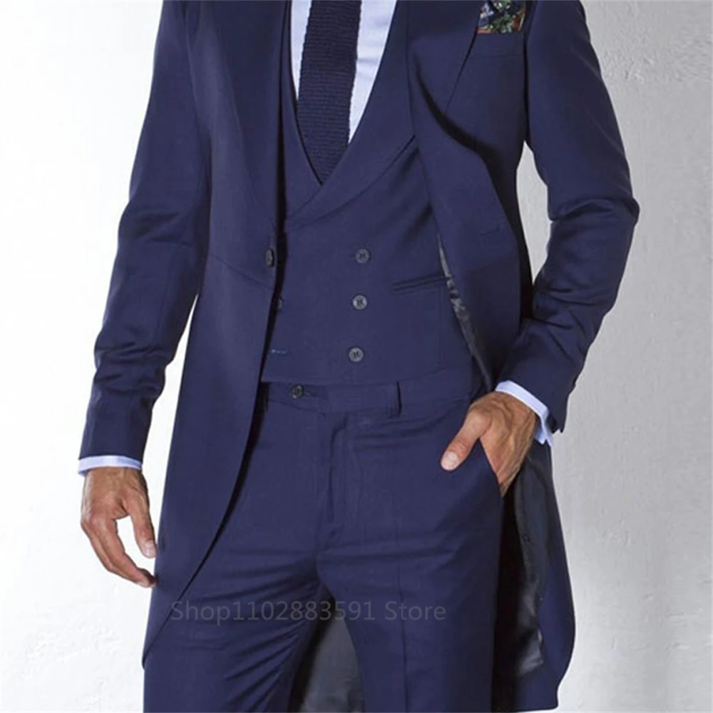 Navy Blue Tailcoat Suits for Men Wedding Custom Made Groom Tuxedos Long Male Fashion Blazer 3 Pieces Groomsmen Costume 2024