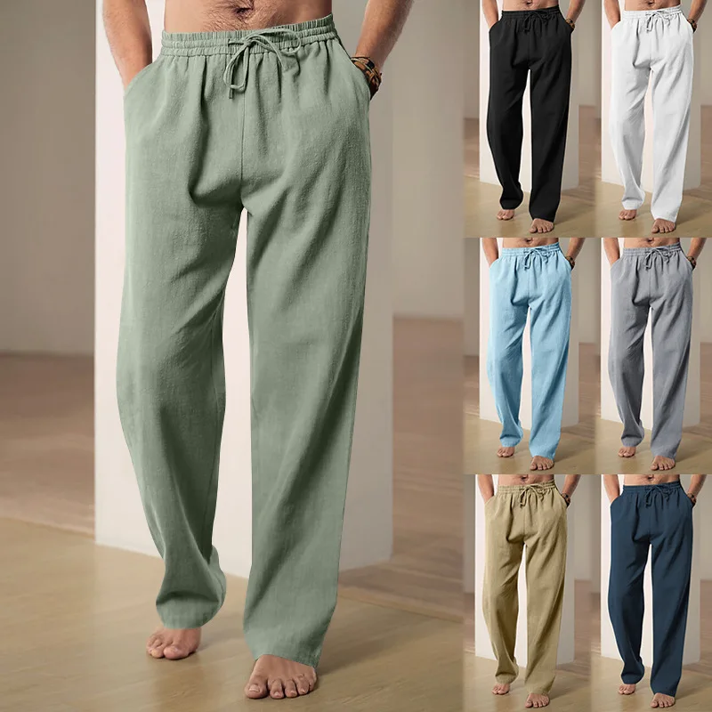 Men's Cotton Linen Long Pants Summer Solid Color Breathable Linen Trousers Male Casual Elastic Waist Casual Pants Harajuku Trous