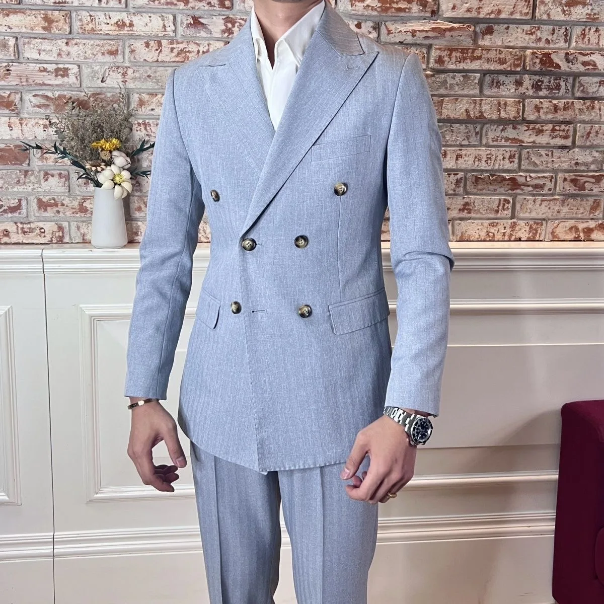 136 Men's Striped Double Breasted Wedding Suit