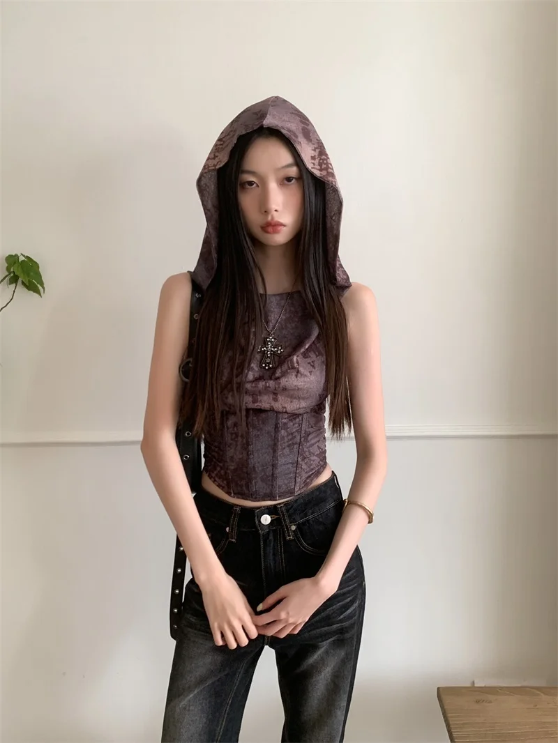 

Summer New Gothic Punk Style Spicy Girl Fish Bone Tunic Bottom Up Hooded Tank Top For Women's Outwear