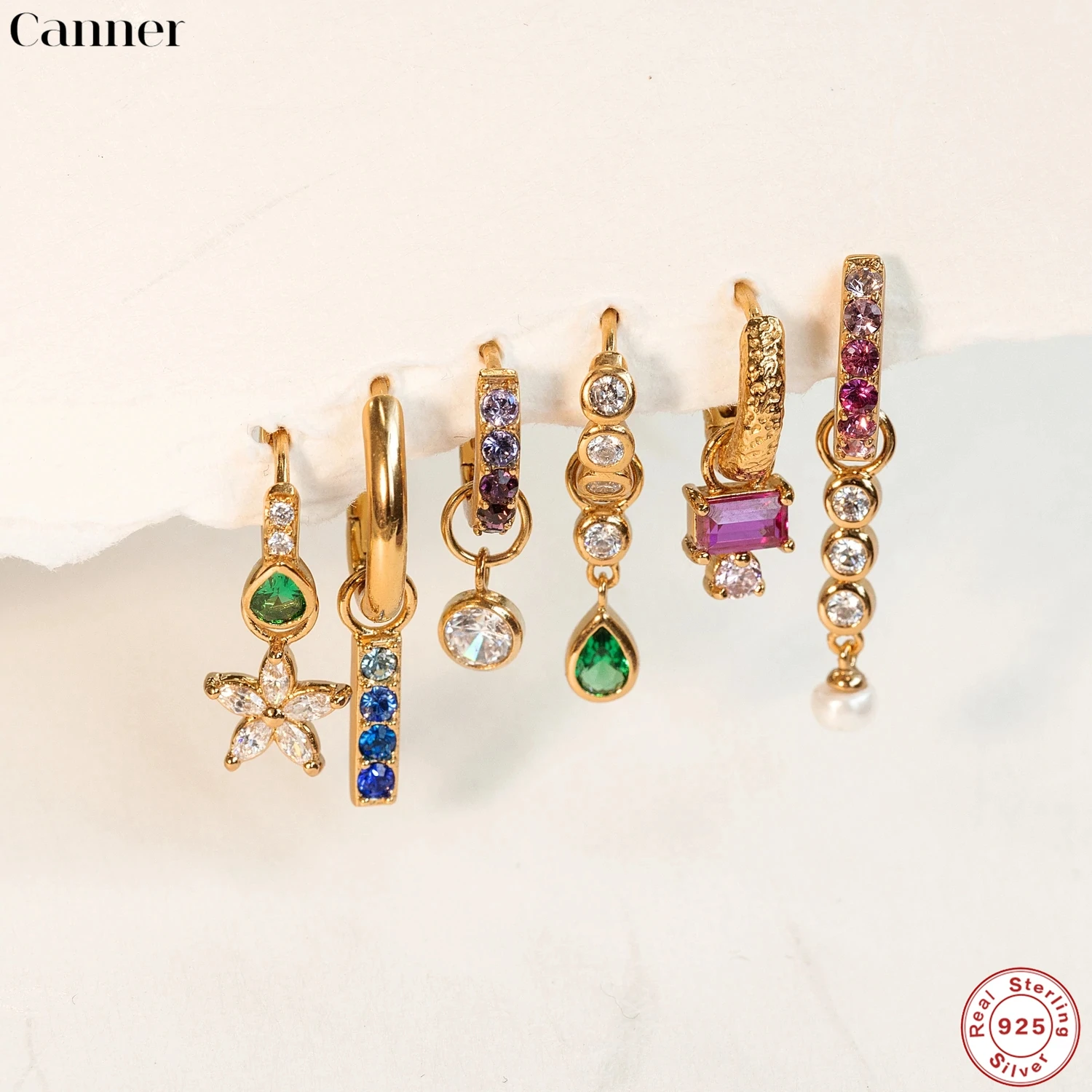 CANNER-Juego de pendientes colgantes de Plata de Ley 925 para mujer, Aretes de circonita de colores, accesorios de joyería