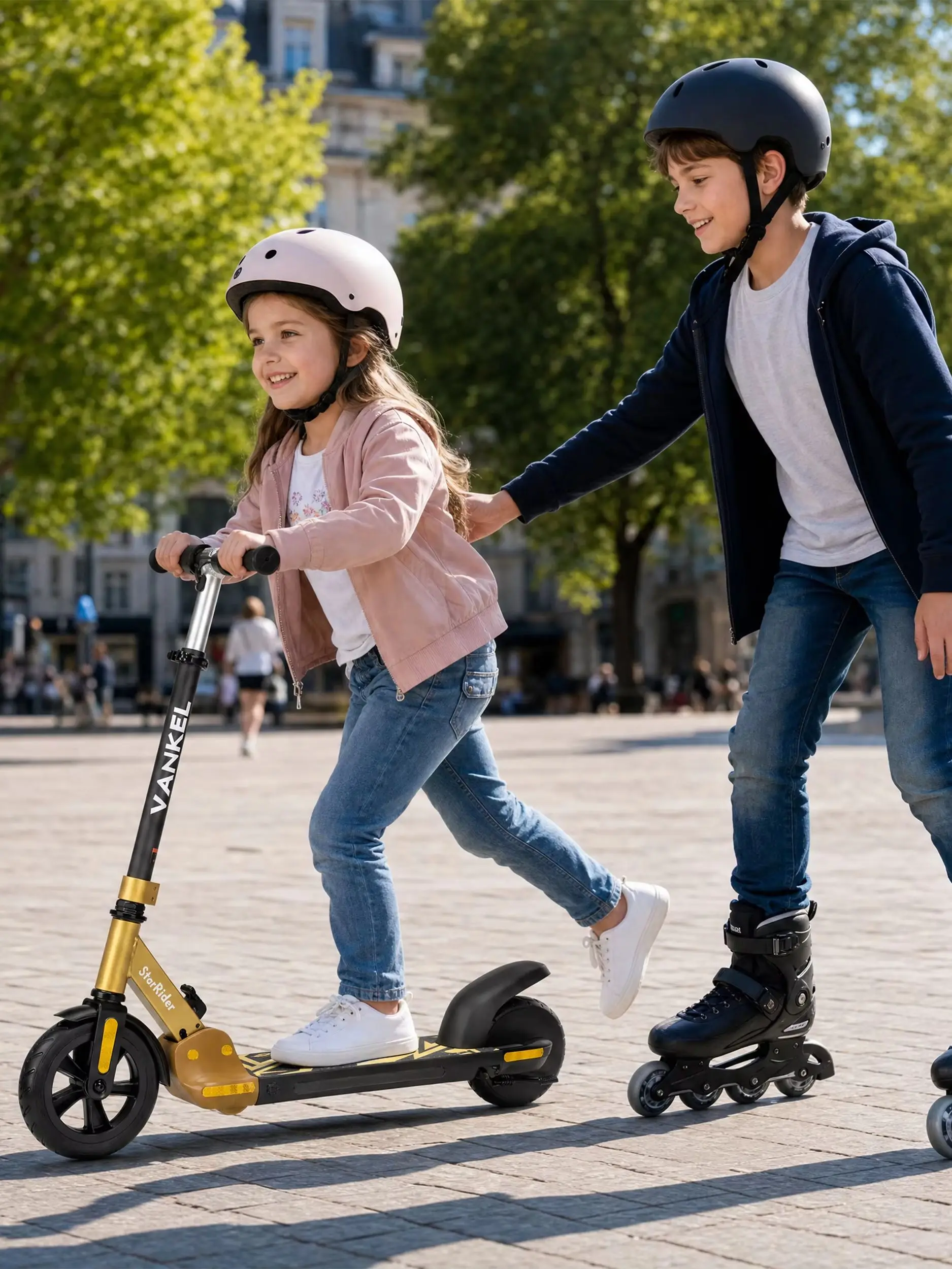 Kinder Elektro-Scooter ab 6 Jahren, 150W Motor, 65,52Wh Akku, E-Scooter, Höchstgeschwindigkeit 14 km/h, Reichweite bis zu 14 km, Klappbares Design, LED-Beleuchtung, Höhenverstellbarer Lenker,