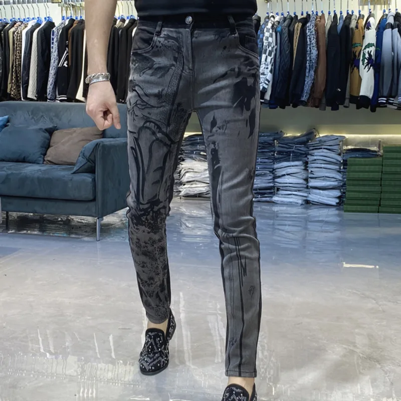 Fall Printed Skinny Slim Men Jeans Party Casual Trousers Pantalones Winter High Street Black Jean Streetwear Motorcycle Pant