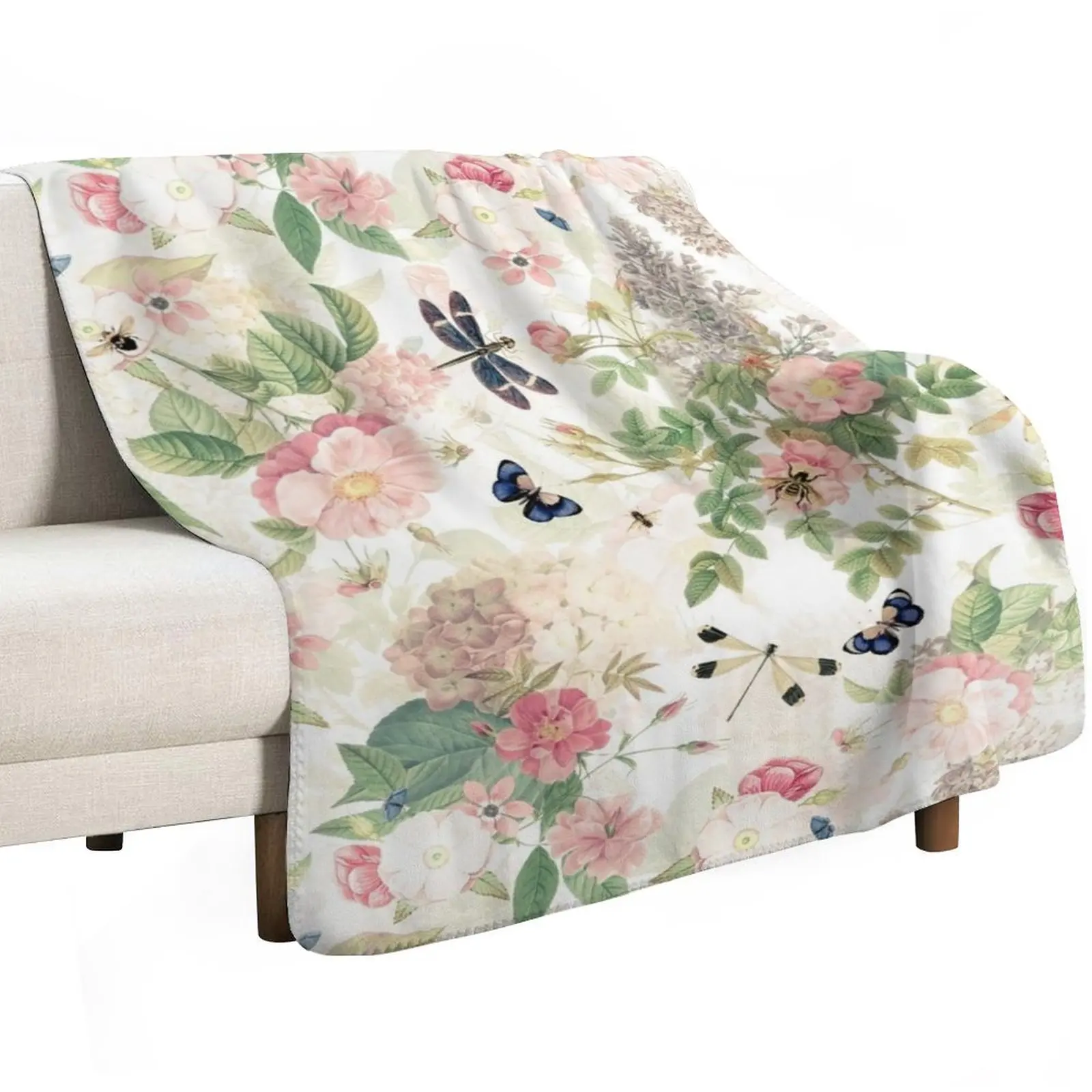 UtART - Vintage Roses Spring Flower And Early Insects Pattern - Sepia Blush Cream white Throw Blanket Flannels sofa bed Blankets