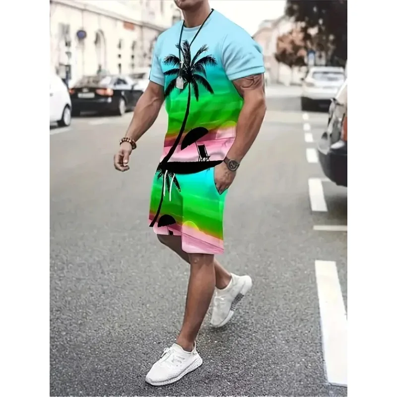2025 Hawaii Coconut 3D Printed Fashion Round Neck Men's Daily Set Casual Short Sleeve Shorts Harajuku Street Fashion Set