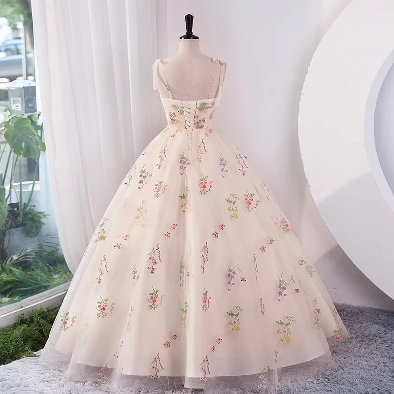 Evening Dresses Women 2024 Elegant Spaghetti Strap Embroidery Flowers Fairy Ball Gown Simple Sleeveless Party Vestidos De Festa