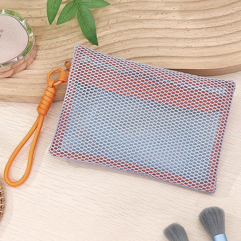 10pcs Cosmetic Bags Women Nylon Mesh Hollow Out Plain Multifunctional Long Storage Bag