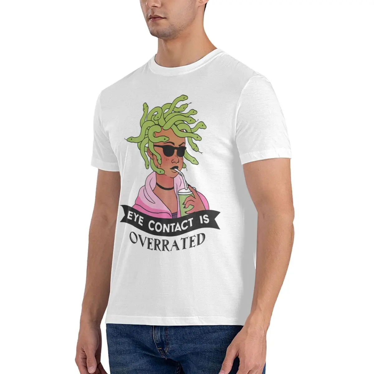 Eye Contact Is Overrated T-Shirt for Men Medusa Funny Cotton Tees Round Collar Short Sleeve T Shirts Classic Tops