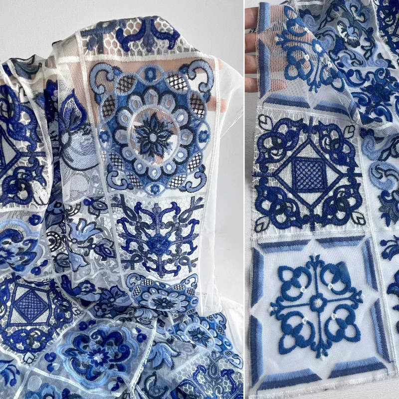 

Checkered Pattern Blue and White Porcelain Three-dimensional Embroidery Fabric Semi Transparent Dress Home Curtain Fabric